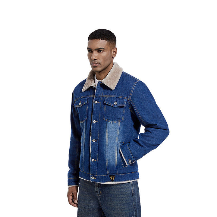 Męski Solidny Denim Trucker Kurtka z Sherpa Podszewka i Teddy Kołnierz