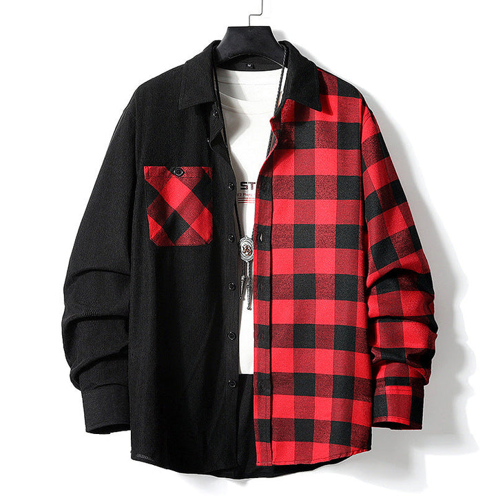 Męski Half-Split Koszula wierzchnia w Lumberjack Check z Kontrastowy Jednolity Side, Kieszeń na piersi, i Continuous Guzik Placket
