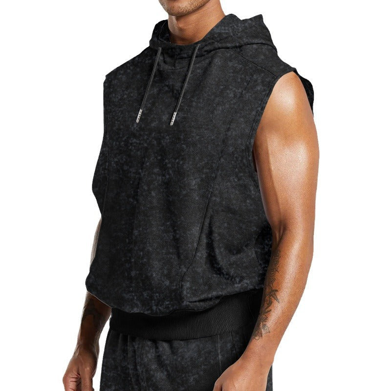 Męska sleeveless bluza z kapturem w stone-wash wygląd z deep armholes i prążkowany Dół