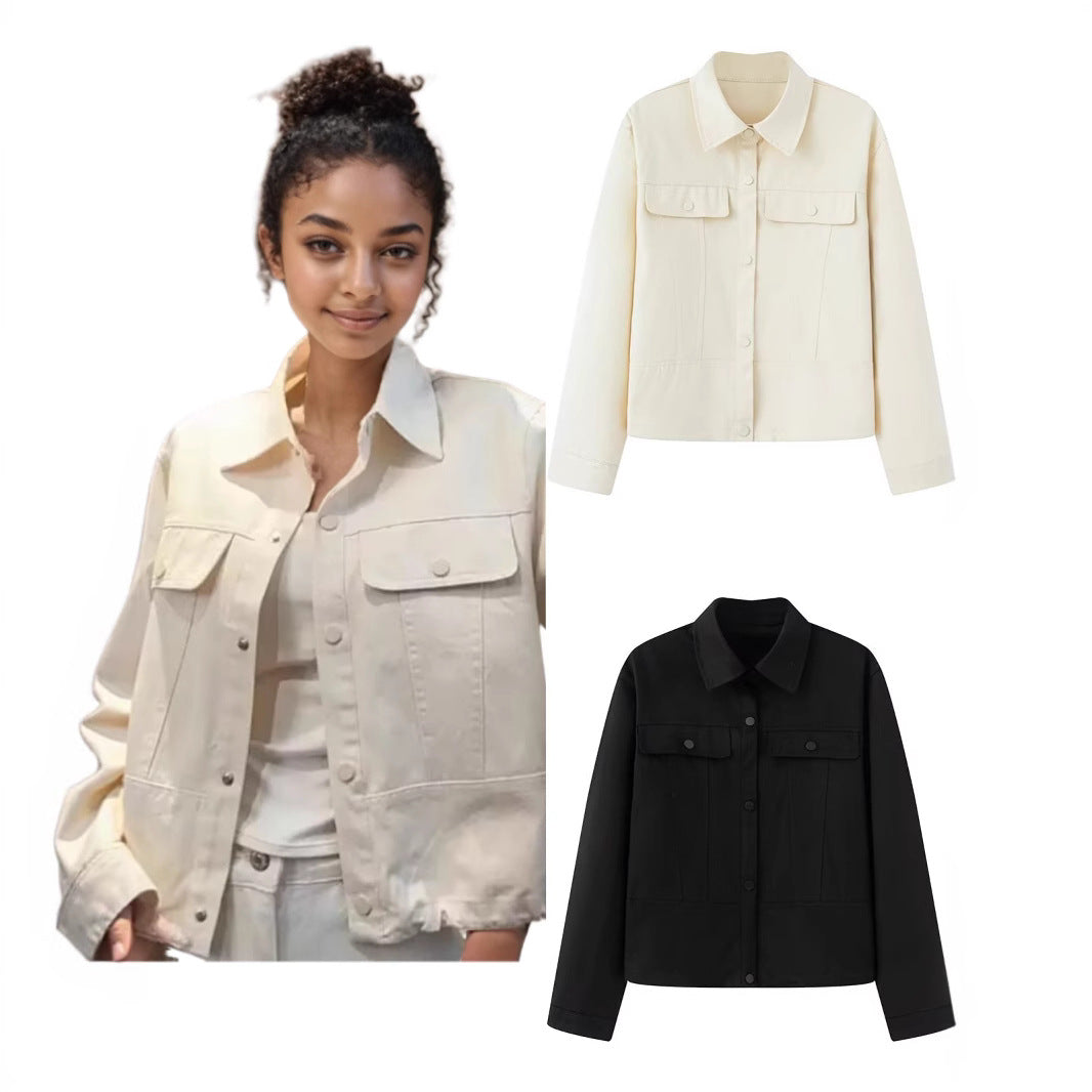 Damskie Krótka Krój Boxy Overshirt Kurtka w Vegan Skóra Wygląd z Kieszenie z klapkami i Nap Zapięcie