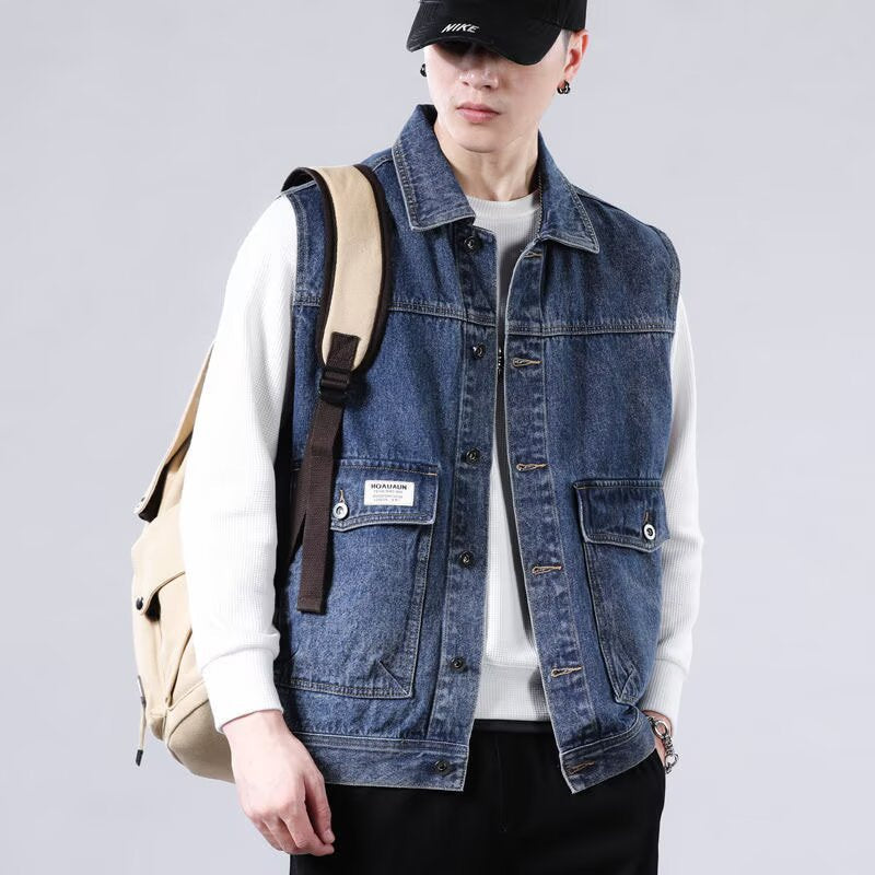 Męski Bez rękawów Jeans Roboczy Kamizelka z Flap Kieszenie i Boxy Krój