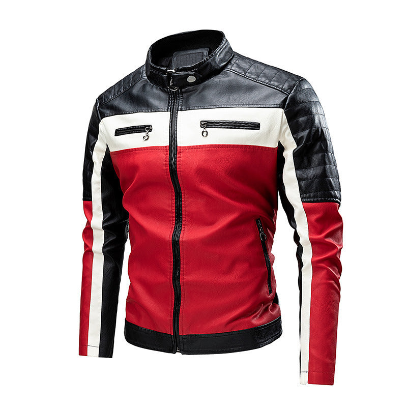 Męska biker skóra kurtka w colorblock design z ocieplana shoulder section i stójką
