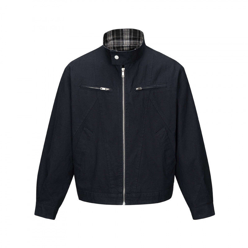 Męska krótsza canvas blouson kurtka z stójką, zamkiemed kieszeniami, i checkered lwwg