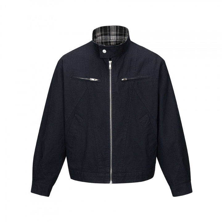 Męska krótsza canvas blouson kurtka z stójką, zamkiemed kieszeniami, i checkered lwwg