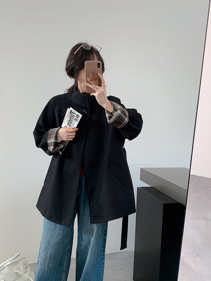 Damska krótka parka-styl kurtka z waist paskiem i checked rękawem lining Lumaza
