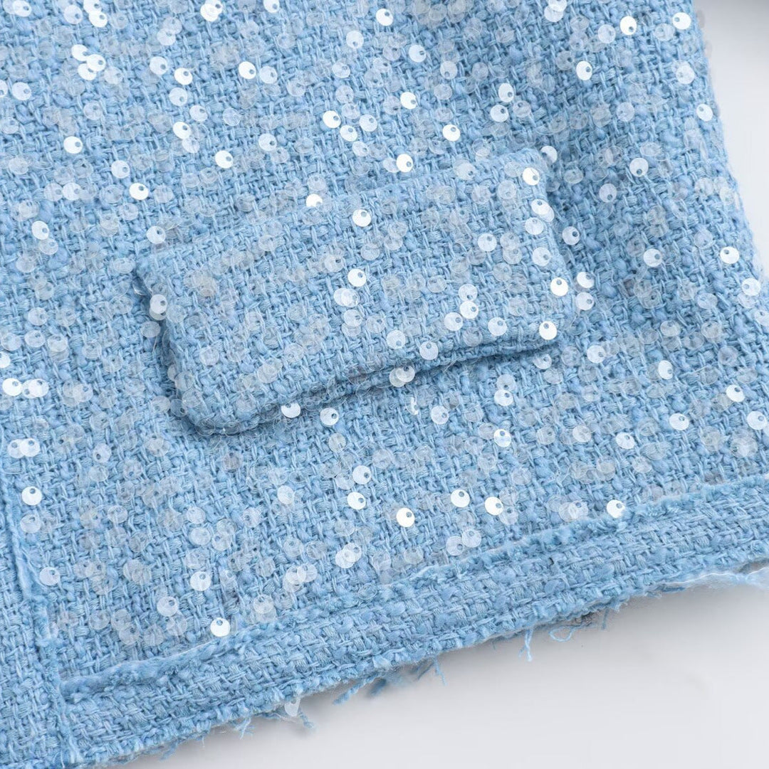 Damskie Krótka Krótka Boucle Tweed Kurtka z Sequin Wykończenie i Kieszenie z klapkami