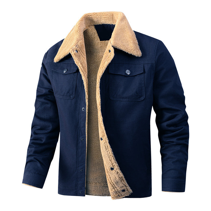 Męska casualowo Sherpa-lwed canvas Trucker kurtka z koszula kołnierzem