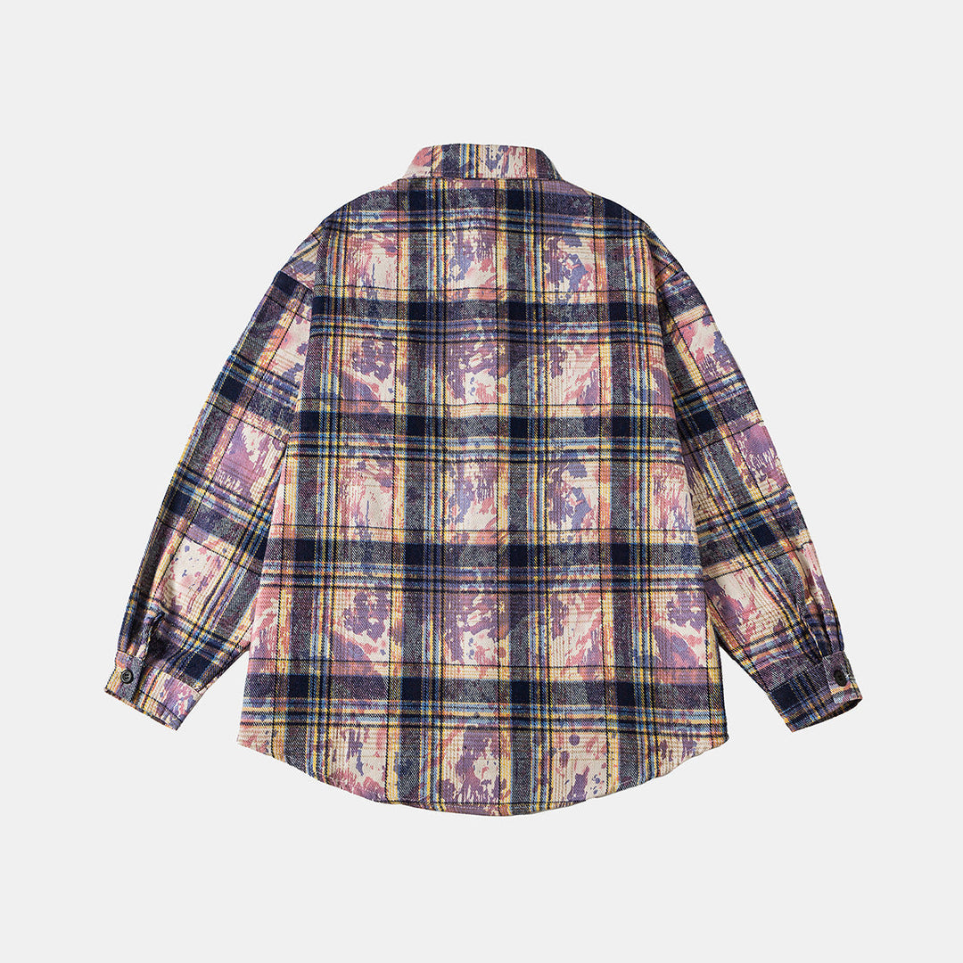 Unisex Overshirt Kurtka koszulowa w w kratę bawełna mieszanka z artistic paint efekt