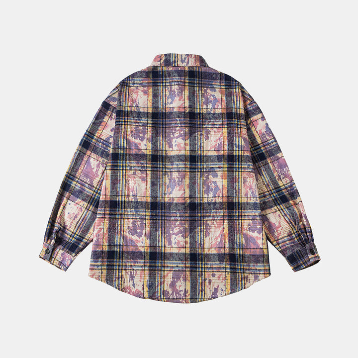 Unisex Overshirt Kurtka koszulowa w w kratę bawełna mieszanka z artistic paint efekt