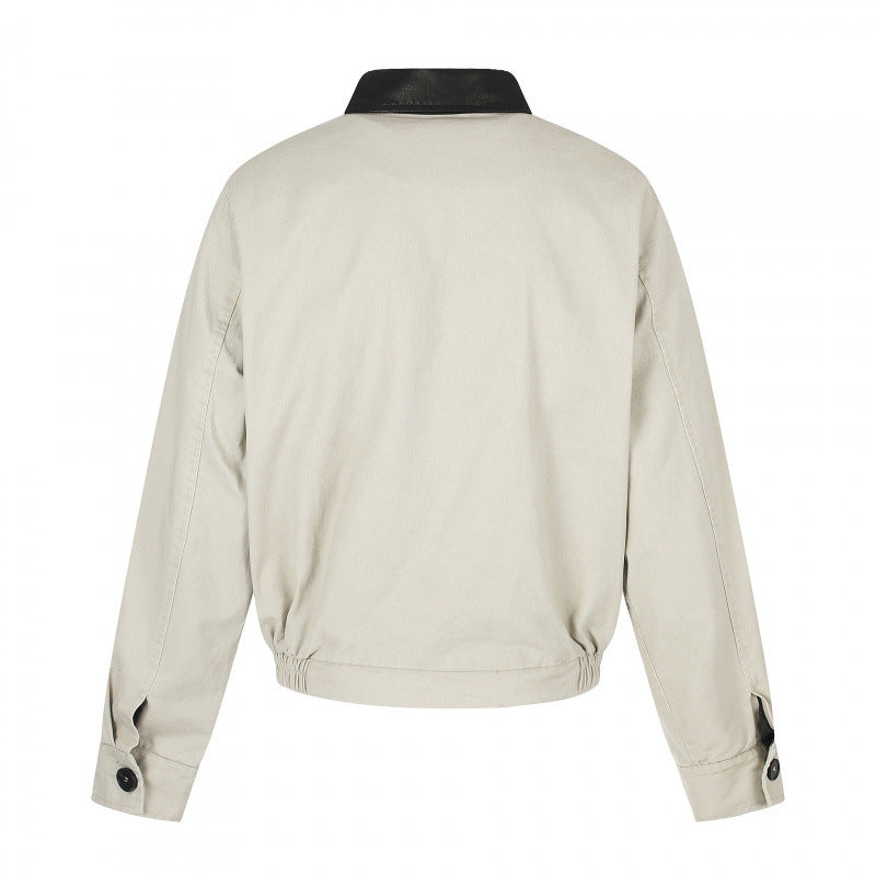 Męska krótki-cut bomberka blouson kurtka w vwtage canvas z skóra kołnierzem i waist belt