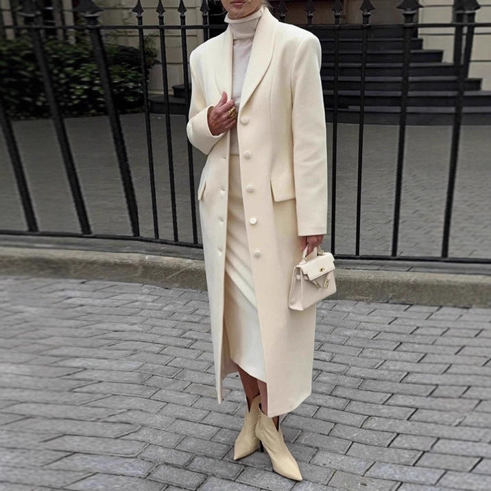 Damska dopasowana długa płaszcz z kołnierz szalowy i peplum Talia