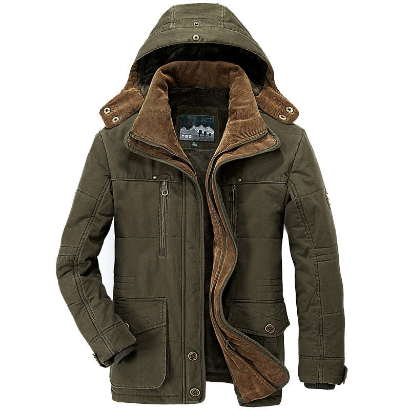 Męski solidny płótno field parka z sztruks kołnierz, zamek przód i multifunction kieszenie