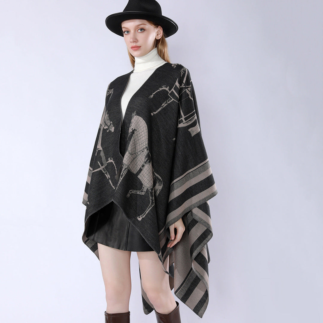 Damskie Jacquard Poncho Wrap z Horse Motif i Boxy Kimono Sylwetka