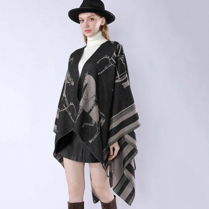 Damskie Jacquard Poncho Wrap z Horse Motif i Boxy Kimono Sylwetka