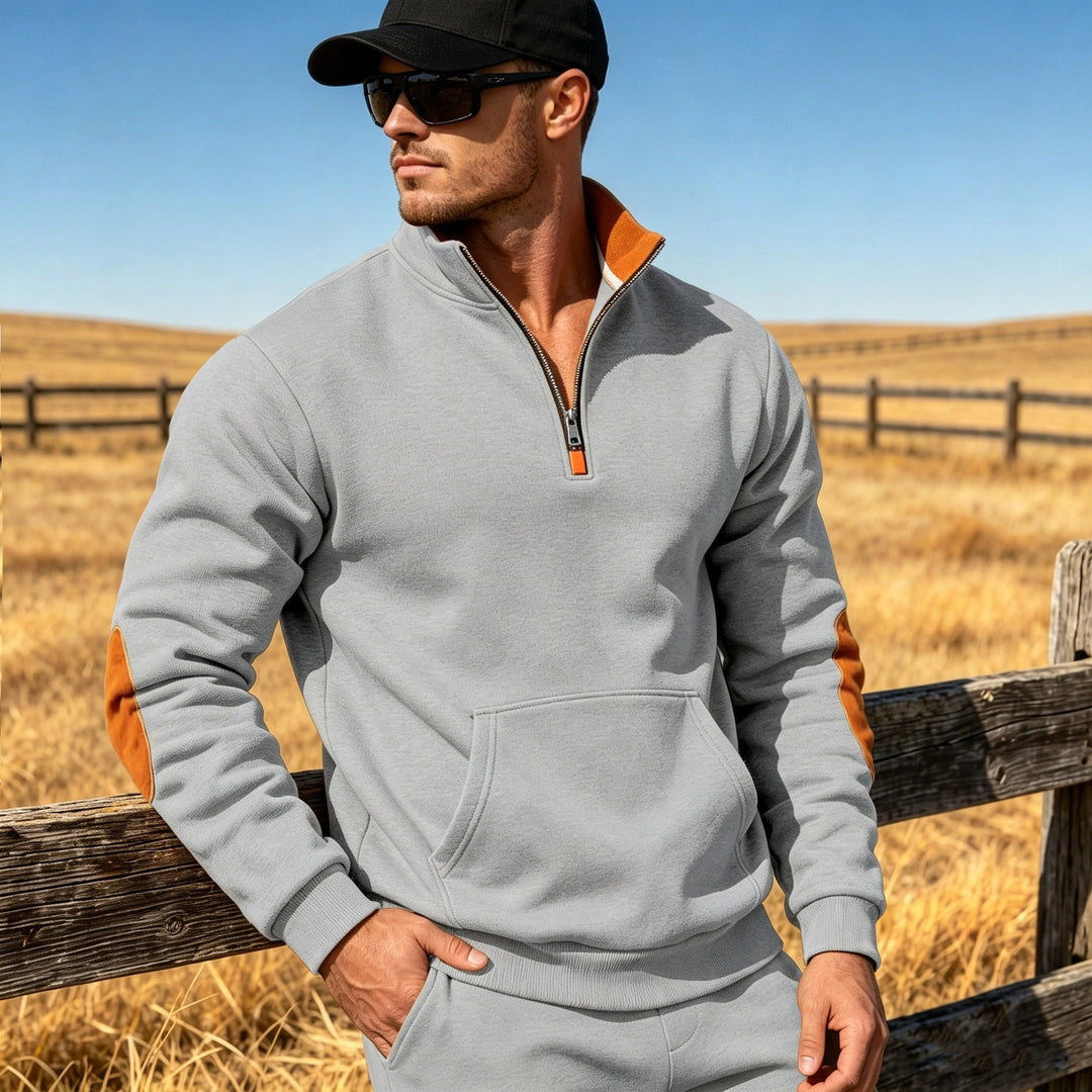 Męska Athletic Krótki zamek Bluza z Elbow Patches i Kieszeń kangurka
