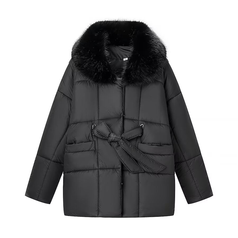 Damska oversize puchowa kurtka z Waist paskiem i Faux Fur kołnierzem Lumaza