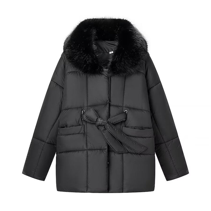 Damska oversize puchowa kurtka z Waist paskiem i Faux Fur kołnierzem Lumaza