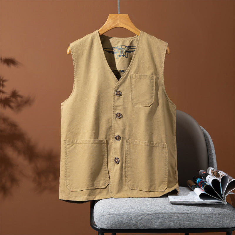 Męski Bez rękawów Utility Płótno Kamizelka z V-Neck, Guzik Placket, i Naszywane kieszenie