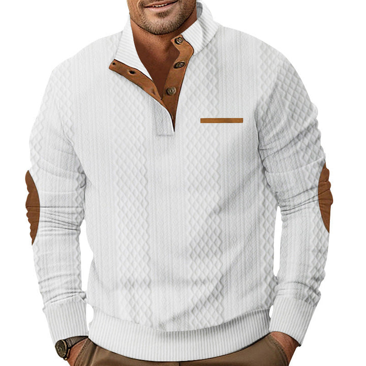Męska Strukturalny Cable Dzianina Bluza z Half Listwa guzikowa, Imitacja skóry Patch Kieszeń &amp; Elbow Patches
