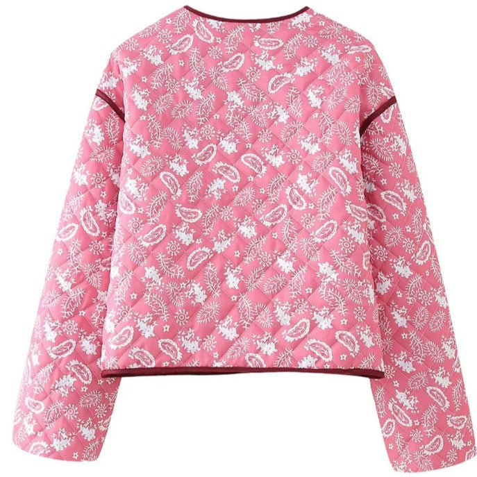 Damska pikowana krótka kurtka z V-neck, paisley Wzór i contrasting lamówka