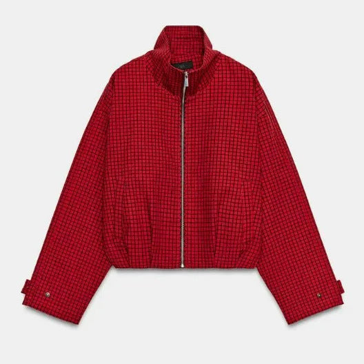 Damska Krótka Bluzon Kurtka wykonana z tkany tkanina z Stójka, elastyczny dół, i delikatna kratka Fason