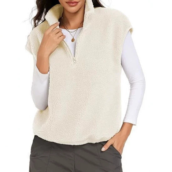 Damskie Sleeveless Teddy Polar Kamizelka z Half Zamek i Stójka