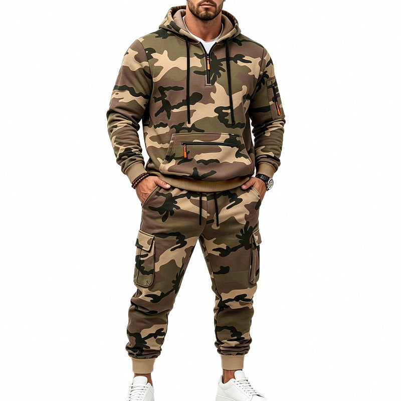 Męska Camouflage Bluza z kapturem Bluza i Jogging Spodnie Set z Cargo Kieszenie i Zippers