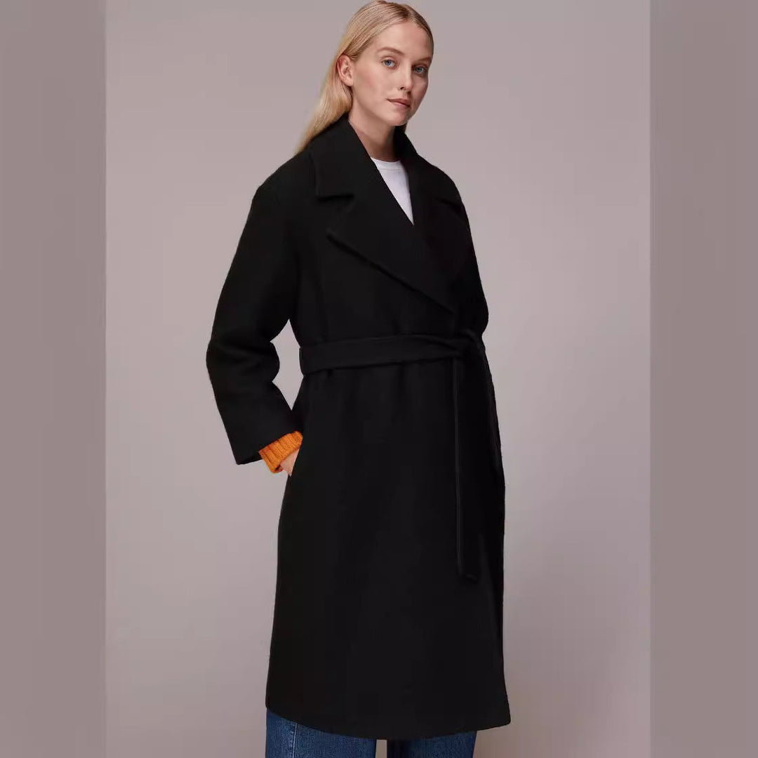 Damska Midi-Length mieszanka wełny długa płaszcz z Minimal Shawl kołnierzem i Relaxed Silhouette Lumaza