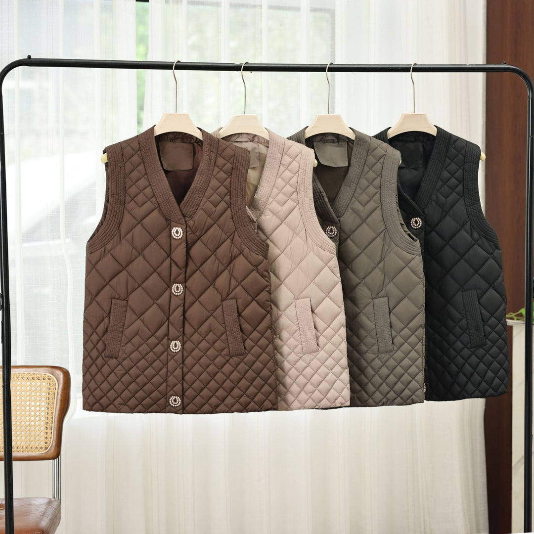 Damska nano pikowana kamizelka z decorative guzikami i V-neck Lumaza