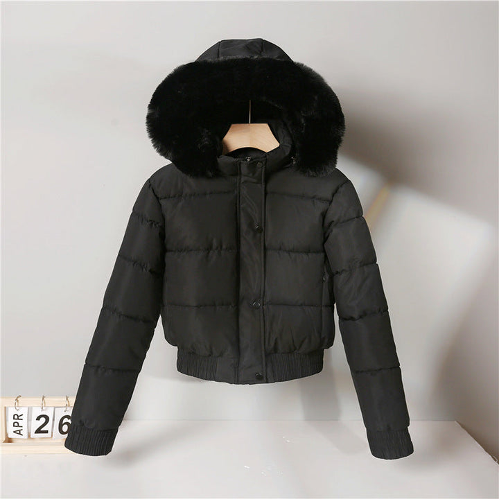 Damska krótka termiczna pikowana kurtka z removable faux fur hood i ribbed cuffs Lumaza