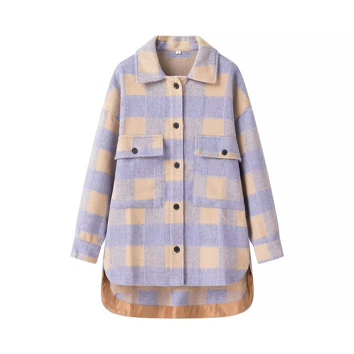 Damska oversize Check Teddy kurtka z Extended Back i naszywane Chest kieszeniami Lumaza