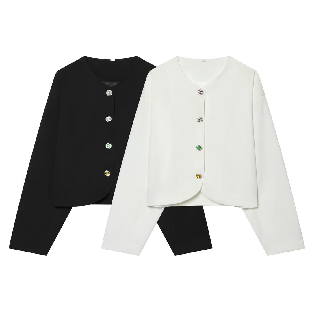 Damska krótka boxy kurtka z Decorative guzikami i Round Neckline Lumaza