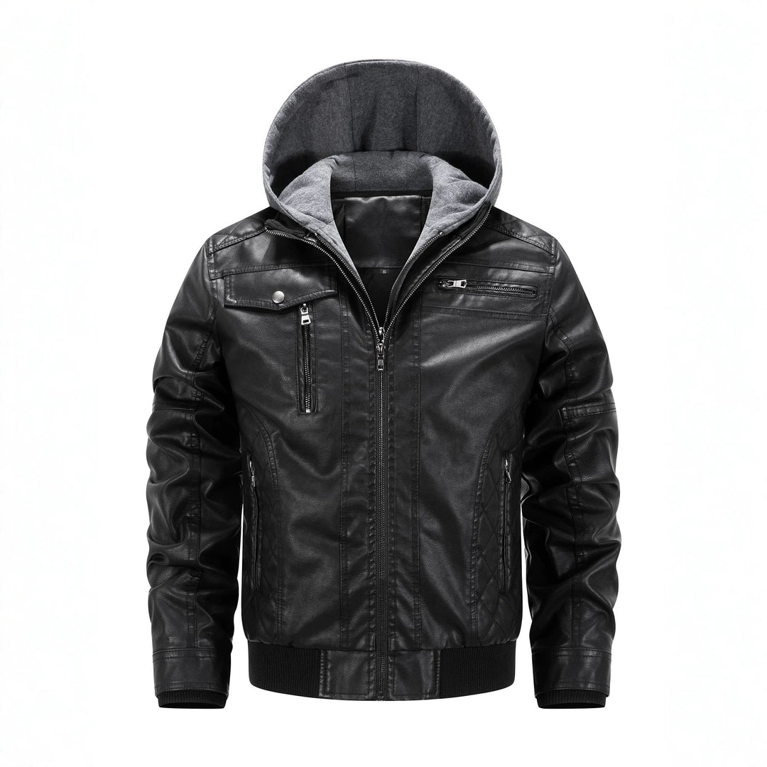 Męska imitacja skóra Biker kurtka z Removable kapturem Panel i pikowana boczne Panels