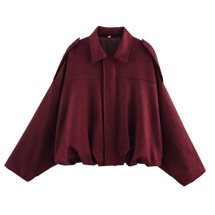 Damska krótka oversize suede kurtka z na ramiona flaps i elastic dołem Lumaza