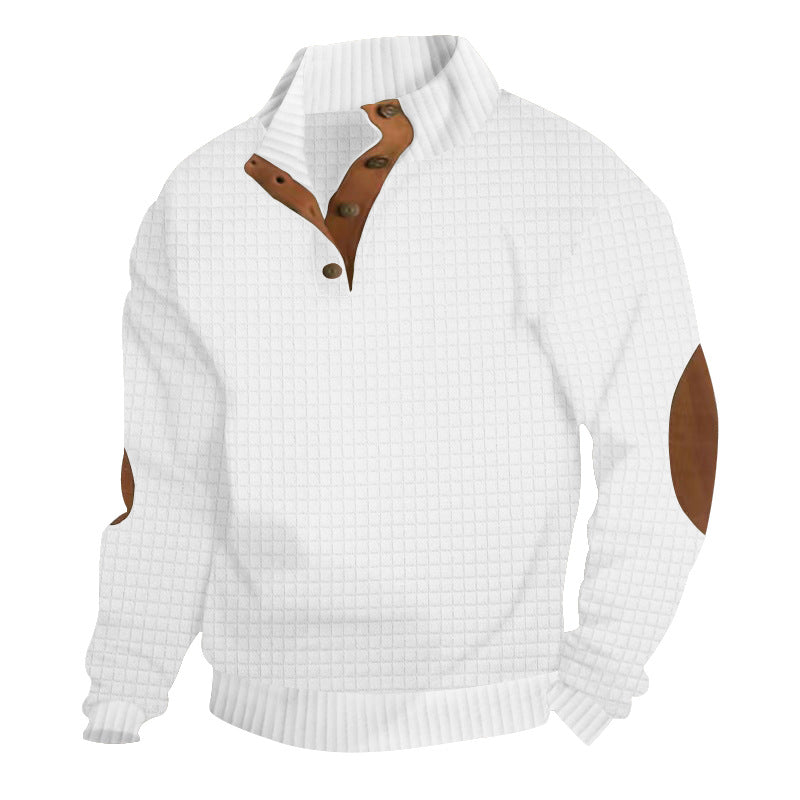 Męska waffle structure troyer z Stójka, Listwa guzikowa i nappa skóra elbow patches