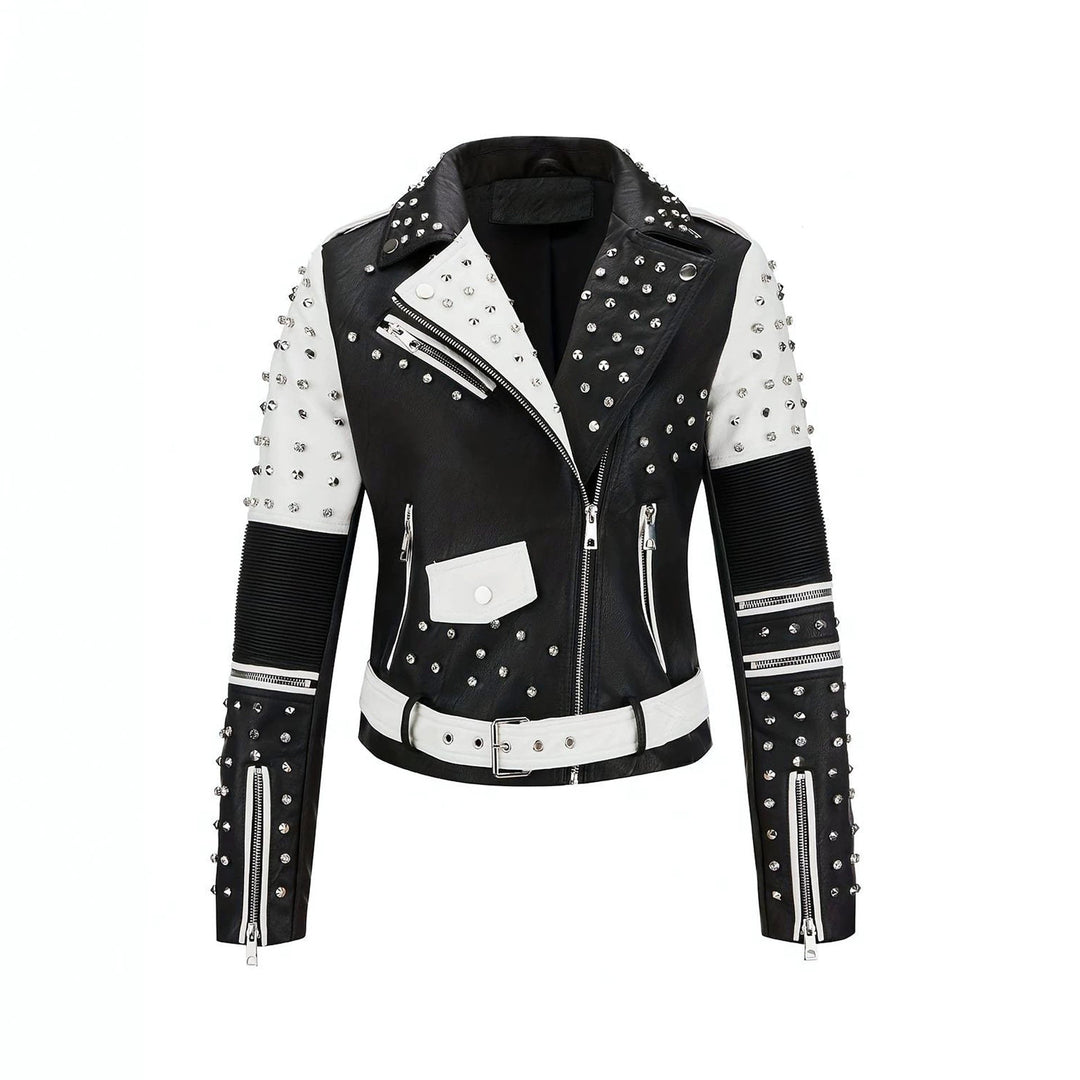 Damska Studded Contrasting Biker kurtka z Waist paskiem Lumaza