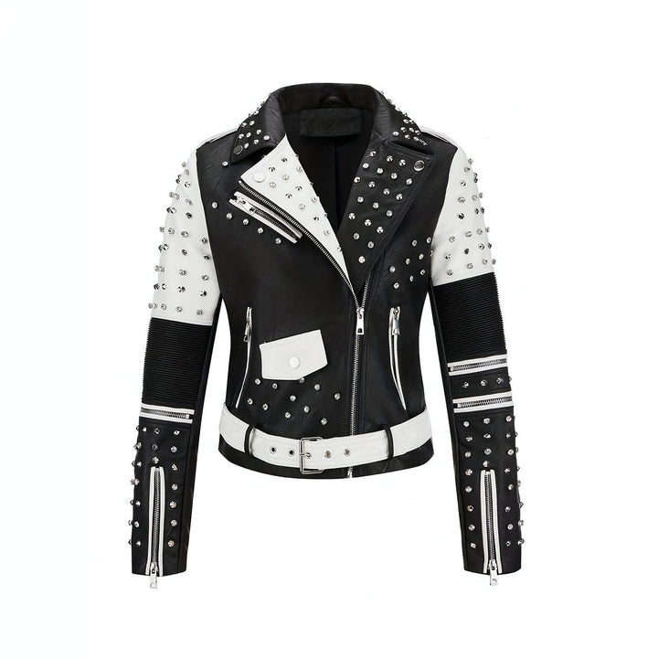 Damska Studded Contrasting Biker kurtka z Waist paskiem Lumaza