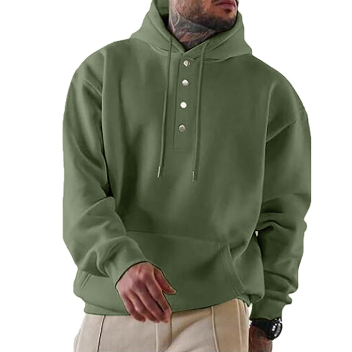 Męska bluza z kapturem z Henley Listwa guzikowa i kieszeń kangurka EB