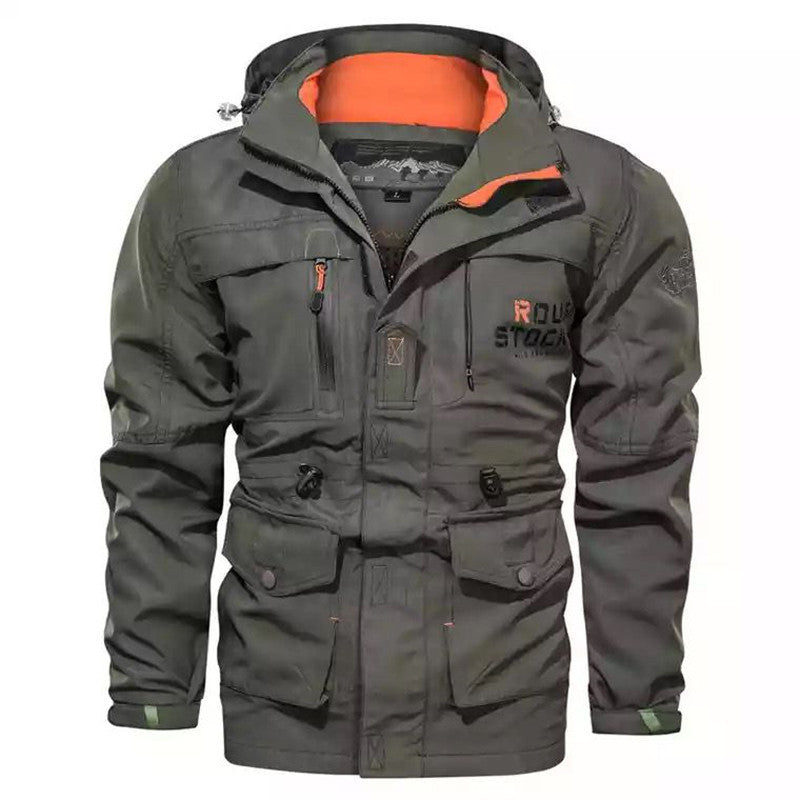 Męski solidny płótno field parka z kaptur, multifunction kieszenie i waist adjustment