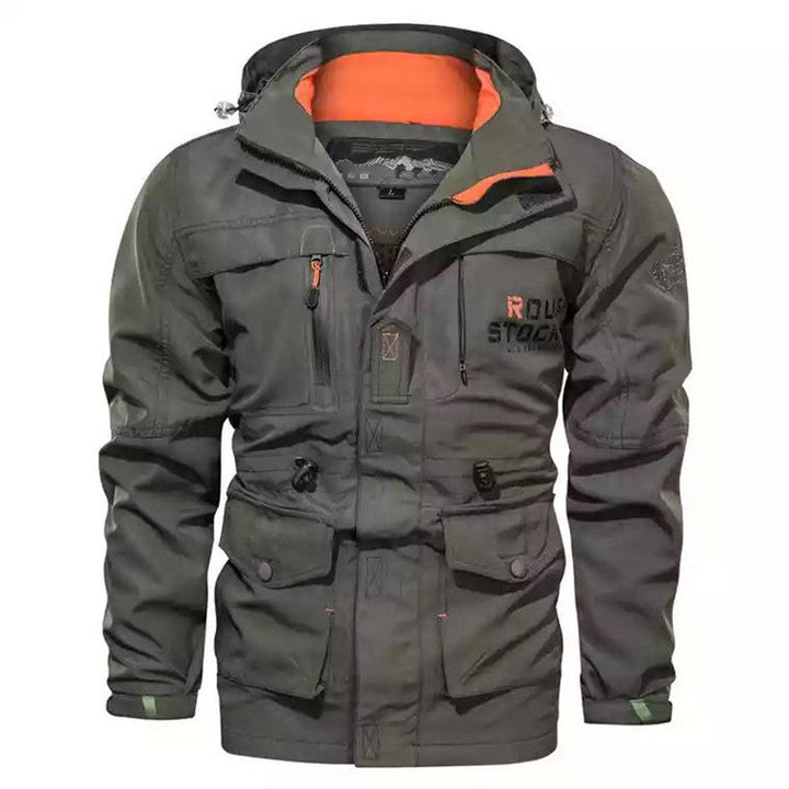 Męski solidny płótno field parka z kaptur, multifunction kieszenie i waist adjustment