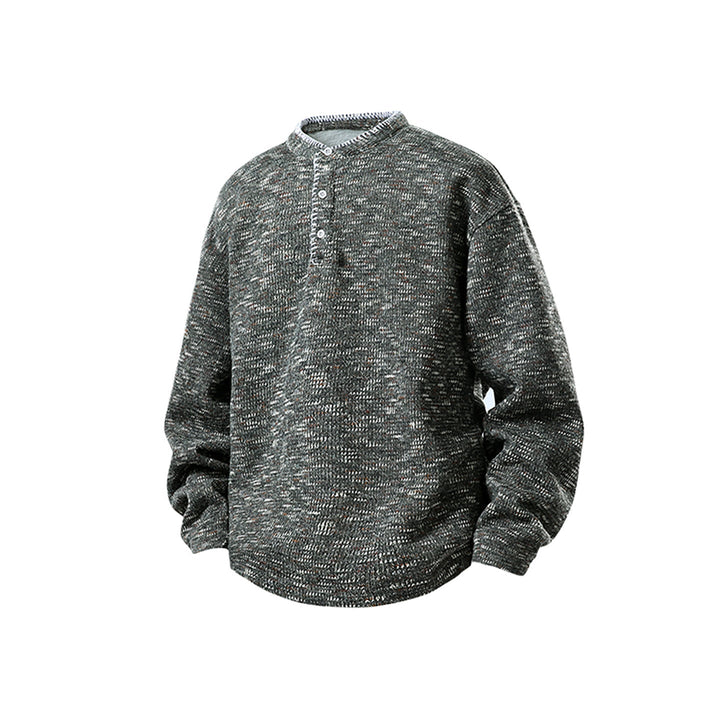 Męska Melange Dzianina Henley Sweter z Stójka, Luźny krój i Listwa guzikowa