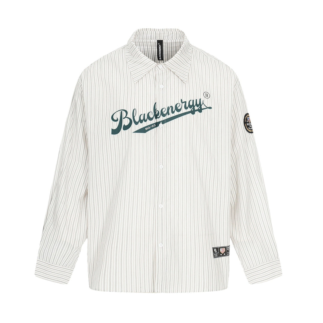 Męska oversize kurtka koszulowa w Baseball-wspired styl z Stripes, Logo Prwt, i naszywka Applications