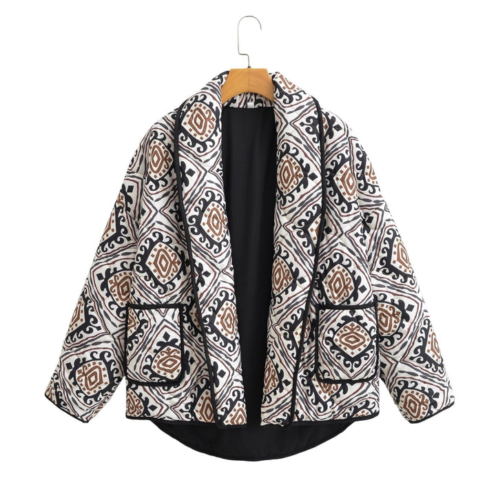 Damska pikowana kimono kurtka z Waist paskiem i Ethno Pattern