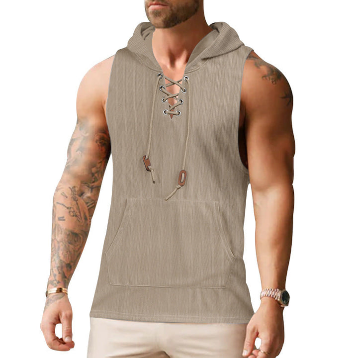 Męskie sleeveless bluza z kapturem bluza z laced Kołnierz i kieszeń kangurka