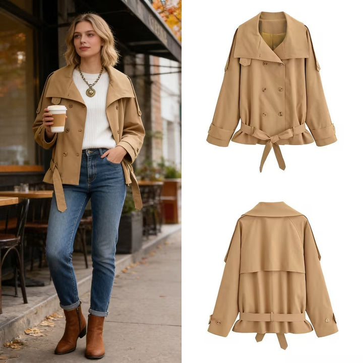 Damska Krótka Płaszcz trenczowy z Cap Kołnierz, Shoulder Tabs i Bow Tie Pasek w talii