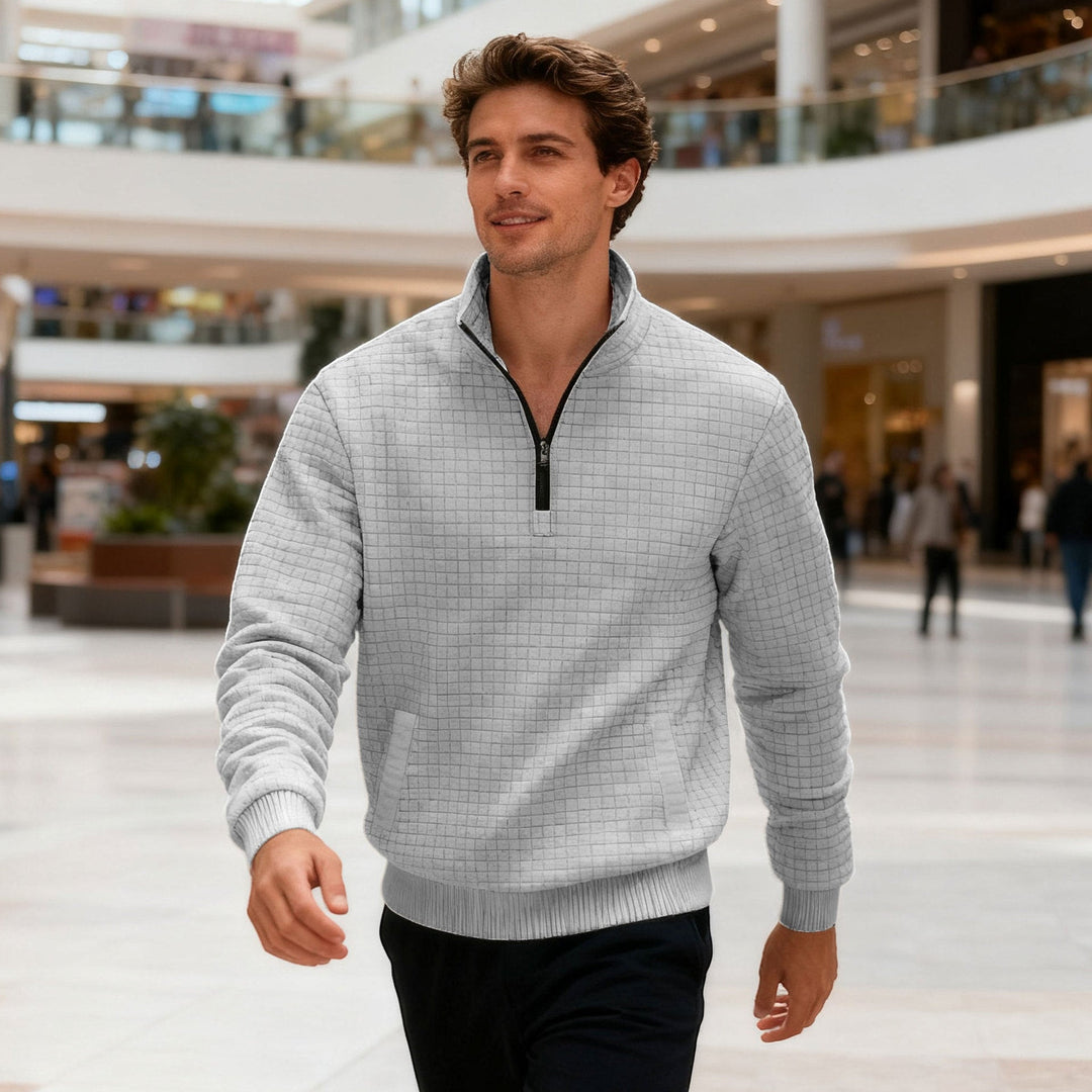 Męska pikowana krótki zamek sweter z square waffle tekstura i kieszeń kangurka