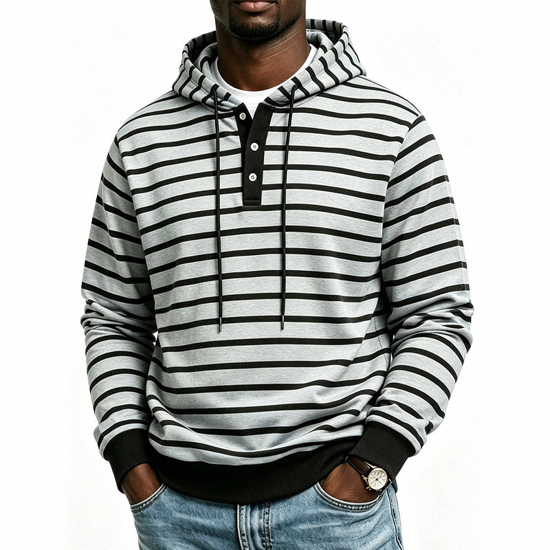 Męska bluza z kapturem z Henley Listwa guzikowa i delikatna stripe tekstura Wzór