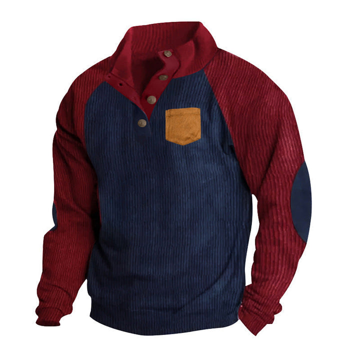 Męska Prążkowany Henley Sweter z Raglanowy Rękawy, Elbow Patches &amp; Klatka piersiowa Kieszeń