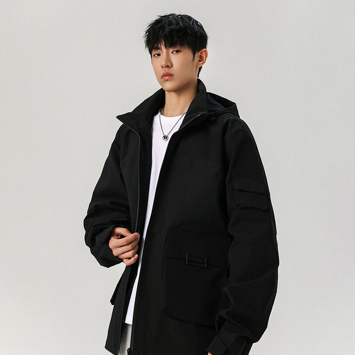 Męski Oversize Utility Kurtka z Technical Softshell, Kaptur i Wiele Kieszenie