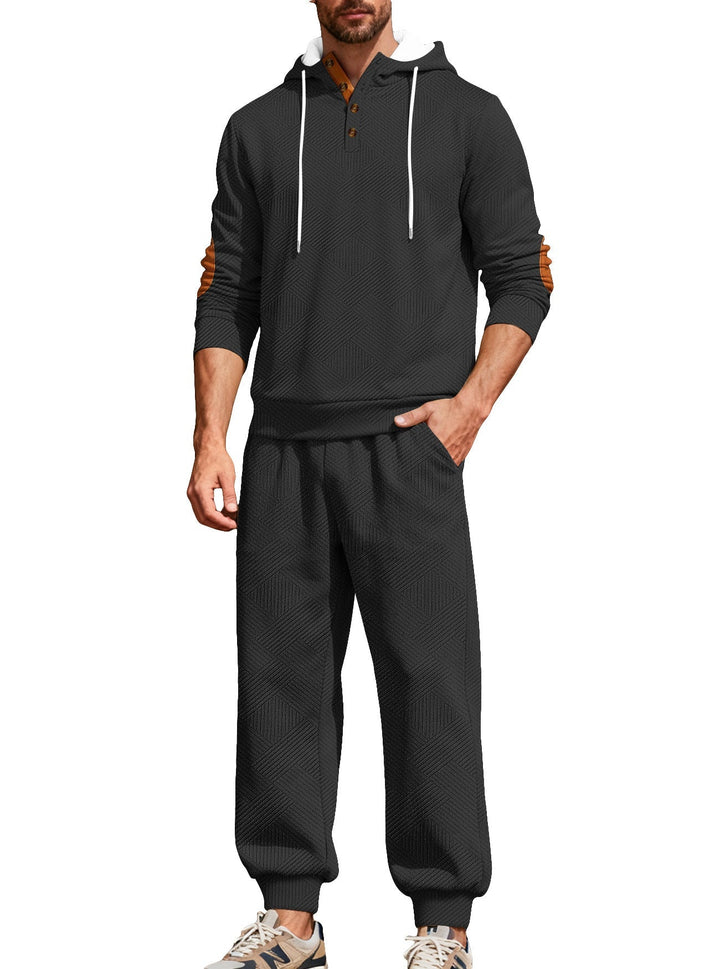 Męska textured bluza z kapturem jogging set z Henley Listwa guzikowa i kontrastowy elbow patches